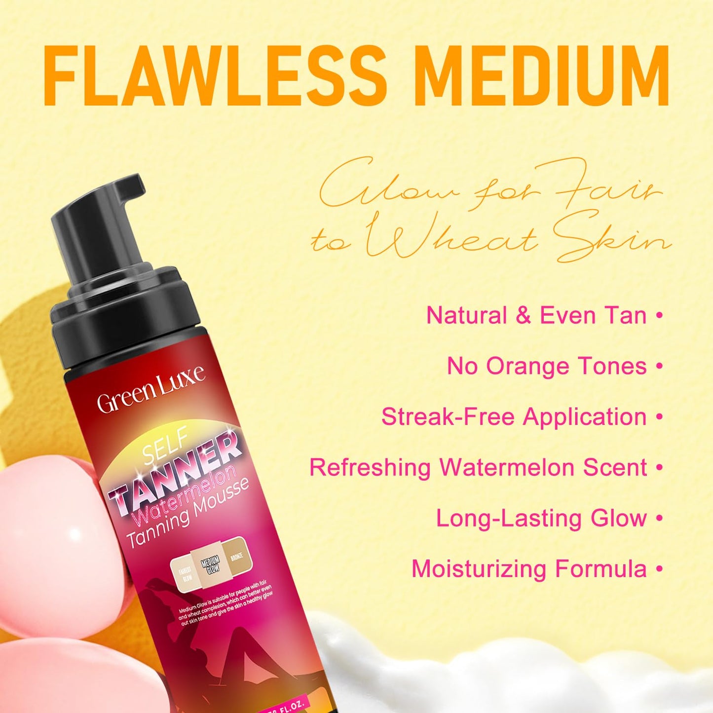 Skiennix Self Tanner Mousse Kit - Hydrating Sunless Tanning Foam with Hyaluronic Acid | Flawless Medium Glow, Watermelon Scent, 6.76 fl. oz
