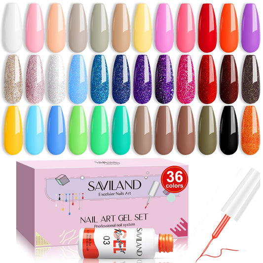 SAVILAND Christmas Gel Nail Polish Liner - 36 Colors Gel Liner Soak Off Nail Polish Gel Polish With Built-in Thin Nail Brush Nail Art DIY At Home Beginner-Friendly French Manicure Kit