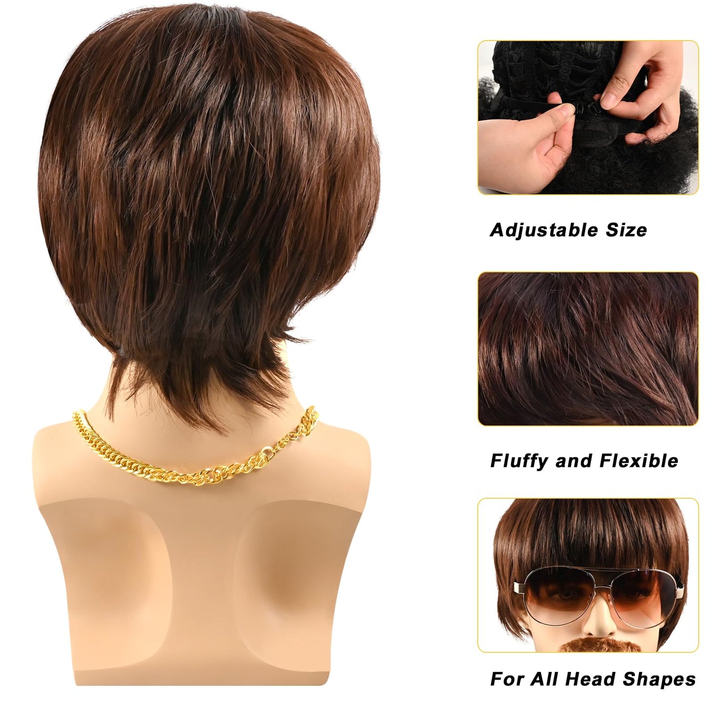 5Pcs 70s 80s Disco Wigs Set with Mustache Sunglasses Gold Chain Hairnet, Brown Afro Short Hair Synthetic Mullet Toupee for Adult Mens 50s 60s Singer Rocker Hippies Costumes Cosplay Halloween Party