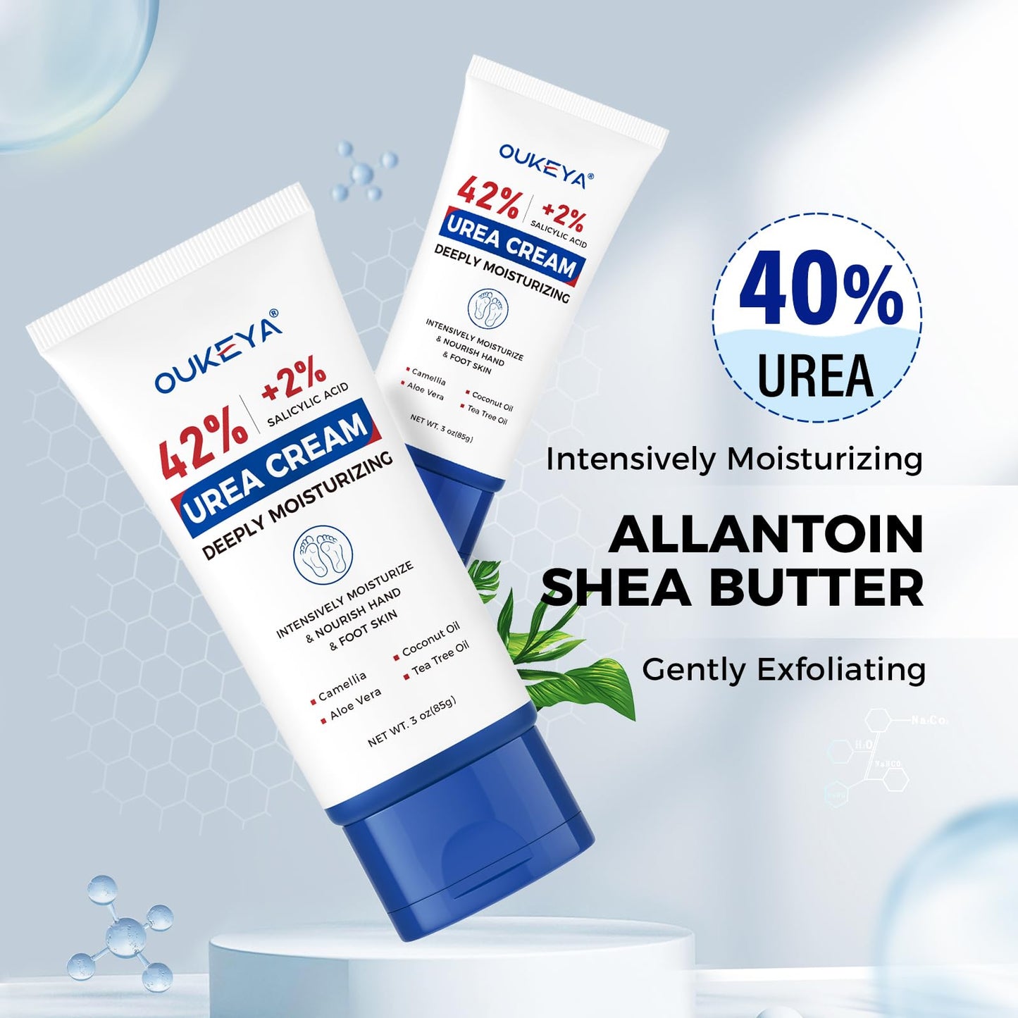 OUKEYA Urea Cream 42 Percent with 2% Salicylic Acid Tube 3 Oz, Urea Foot & Hand Cream for Dry Cracked, 40 per Urea Lotion for Feet Maximum Strength