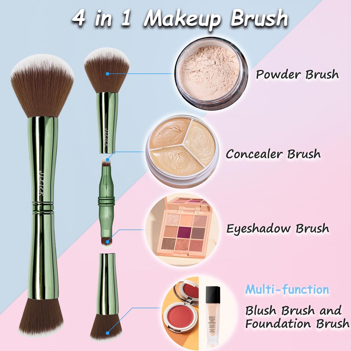 Jilier Travel Makeup Brushes with Case, 4 in 1 Makeup Brush Set, Powder Brush, Foundation Brush/Blush Brush, Eyeshadow Brush, Concealer Brush, Double Ended Makeup Brush Ideal for Liquid, Cream, Powder