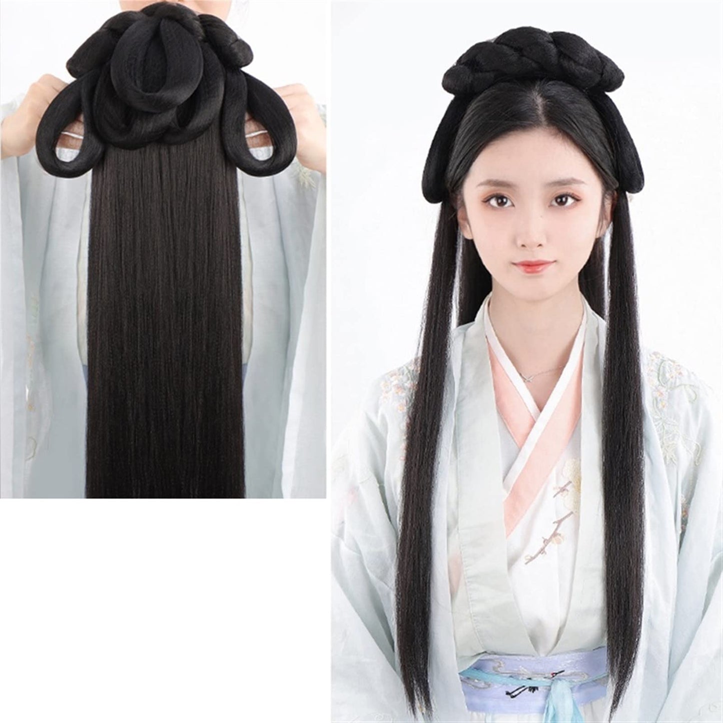 Oligage Hanfu Wig Headband Women Chinese Style Hair Piece Antique Modelling Cosplay Pad Hair Accessorie Headdress Black (Color : FG31)