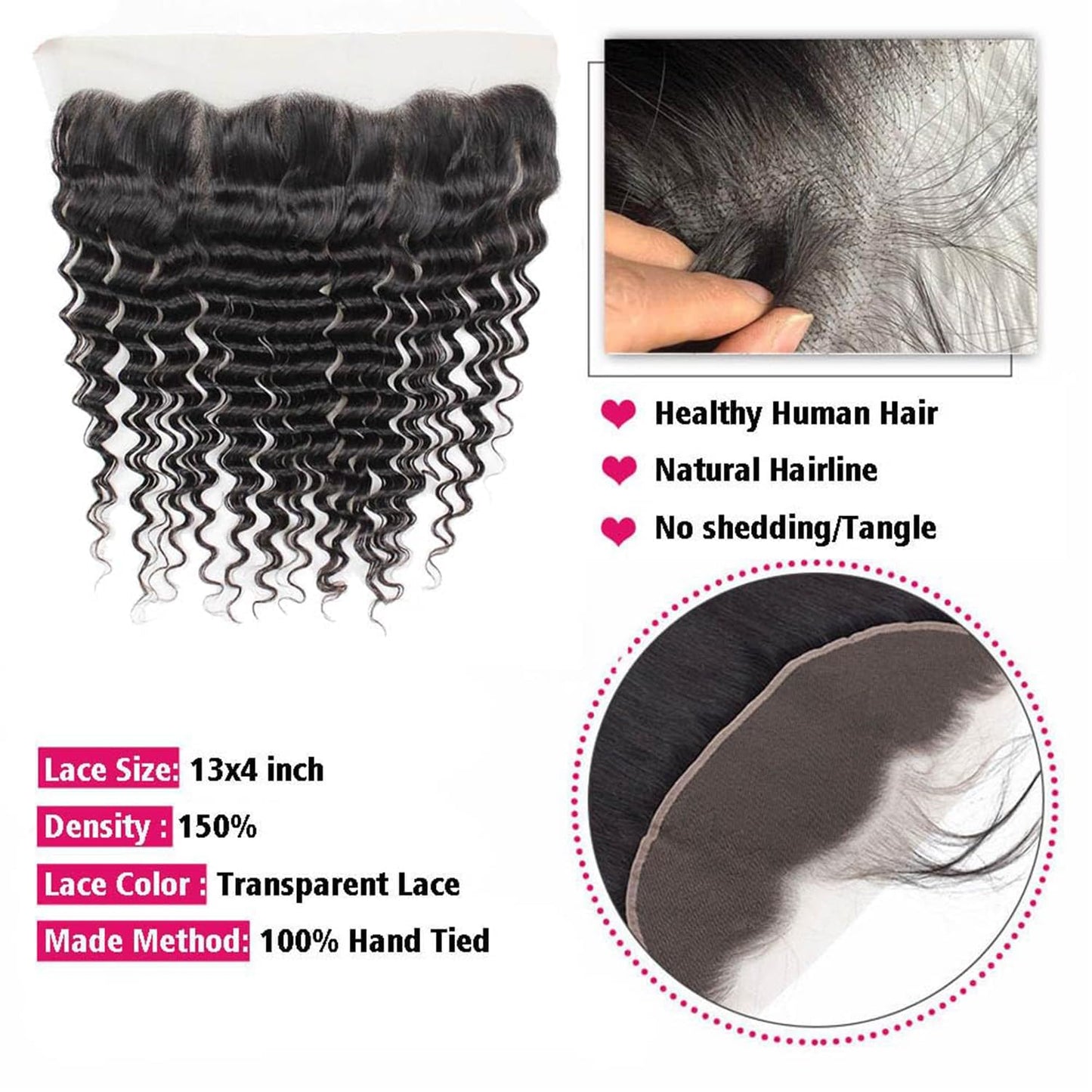 Lace Frontal Closure Deep Wave 13x4 Ear to Ear Frontal HD Lace 8 Inch Brazilian Curly HD Lace Frontal Closure Virgin Human Hair Pre Plucked with Baby Hair 150% Density Natural Black Color