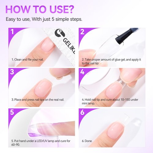 Gelike EC UV Nail Glue Gel: 32ML 6 in 1 Strong Glue Nail for Extension Home DIY Clear UV Cure Adhesive for Acrylic Nails & Press On Nails Tips 12 Toxic-Free