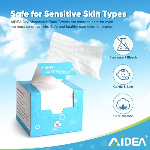 AIDEA Disposable Face Towels - 50 Count Facial Cleansing Wipes for Sensitive Skin | Makeup Removal & Travel