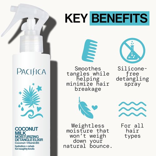 Pacifica Coconut Milk Hair Detangler Spray - Leave-In Conditioning Elixir for Tangle-Free Hair - Instantly Detangles, Adds Shine & Moisture, Prevents Breakage & Frizz | Vegan & Cruelty-Free
