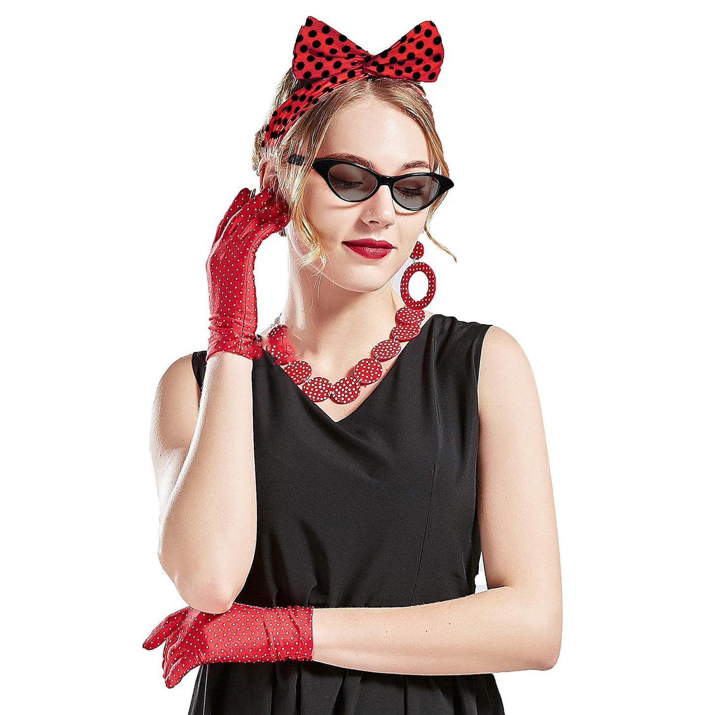 BXT 1950s Women Costume Accessory Set - 50s Vintage Polka Dot Jewelry, Gloves, Hairband, Scarf, Glasses for Halloween