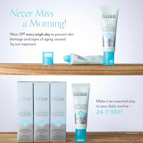 Bliss Block Star Daily Mineral Sunscreen - Broad Spectrum SPF 30 | Pore-Safe Formula for Blemish-Prone Skin, 1.4 Fl Oz