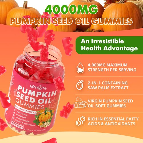 GrnLife Pumpkin Seed Oil Gummies with Saw Palmetto, Organic Pumpkin Seed Oil Supplement for Hair Growth & Skin Health, High Pure Extract for Women Men, Raspberry Flavor, 60 Count