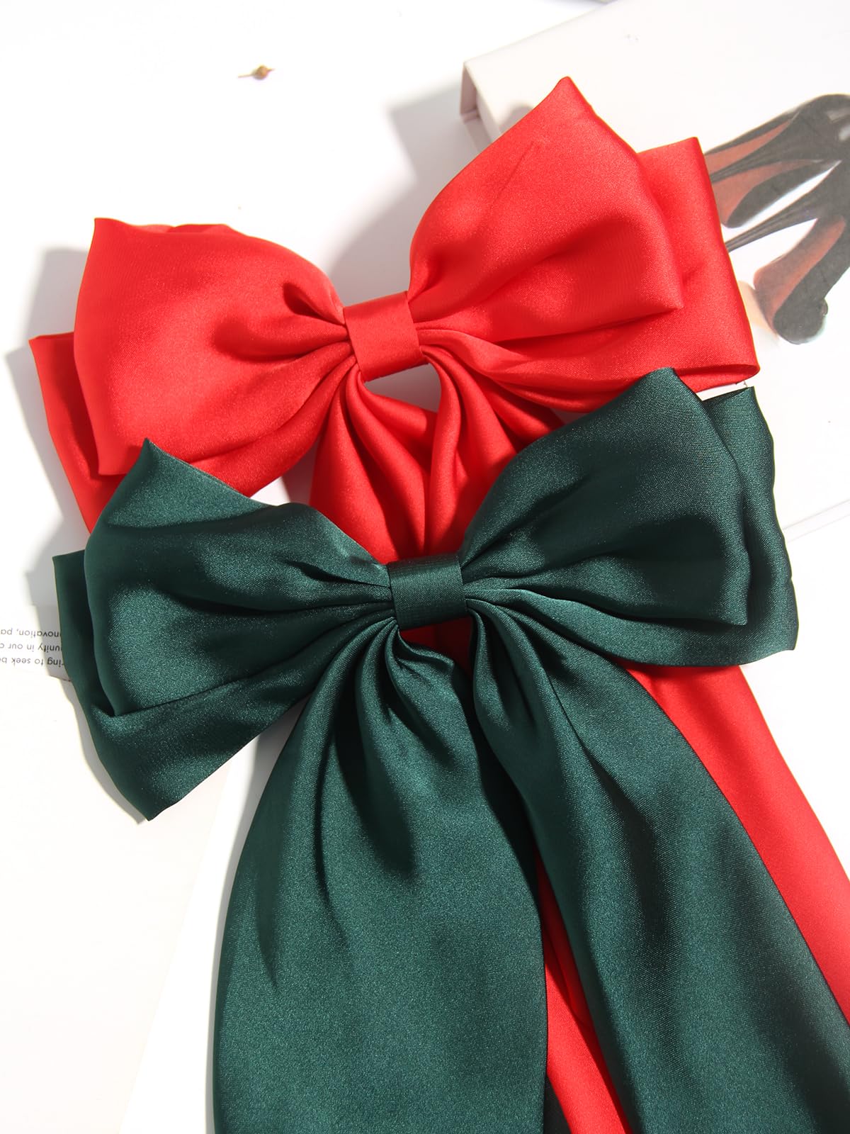 Furling Pompoms Hair Bows for Women,Large Satin Silky Hair Bow Clips Ribbon Long Tail French Barrette Hair Clamps Girls Hair Accessories Party Wedding Charm Green Red Hair Bows