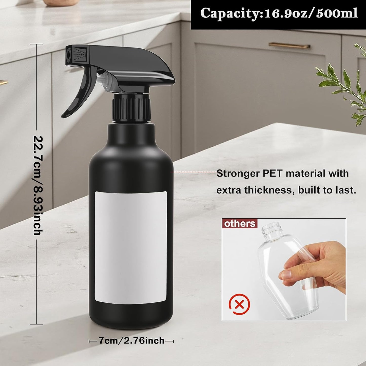 Skiennix 16.9oz Plastic Spray Bottles - Heavy Duty for Hair Mist & Cleaning Solutions | 2 Pack Black