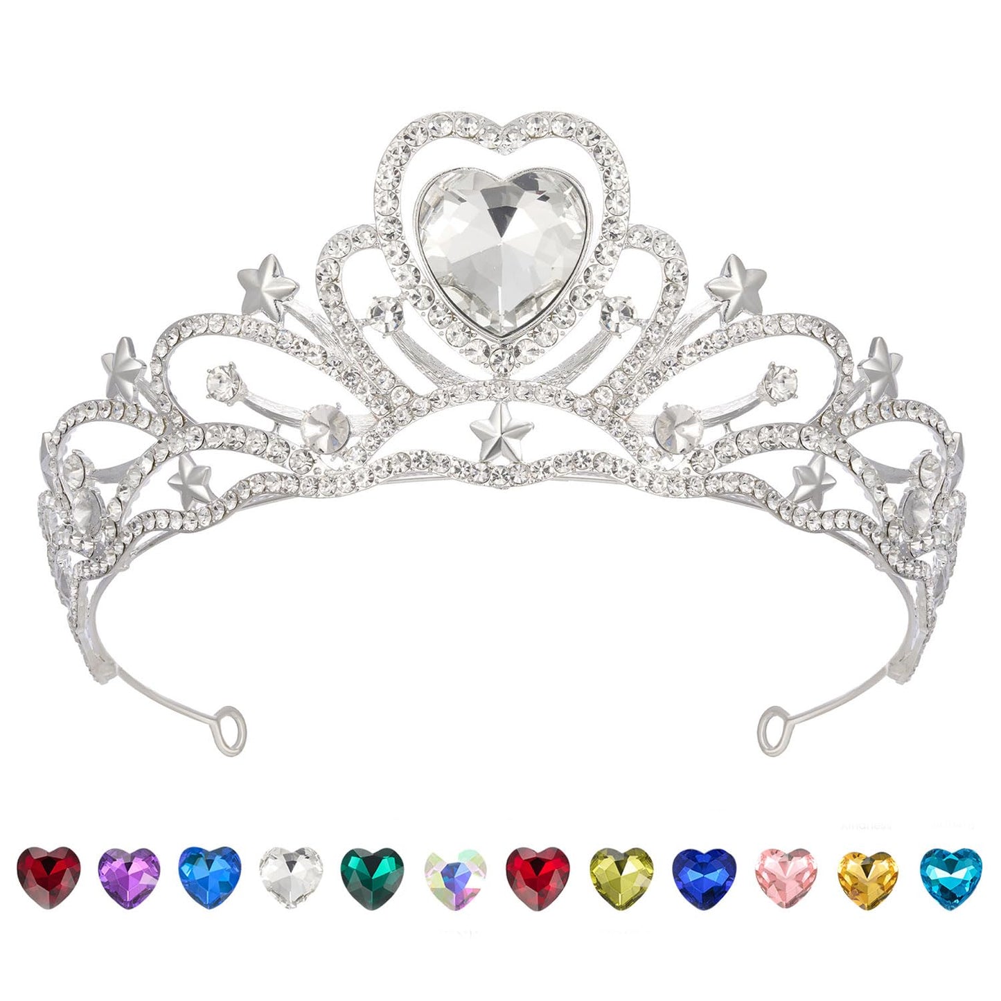 SWEETV Birthday Crowns for Women Birthstone Heart Princess Tiara Silver Wedding Headpiece for BirthDay Party Photograph, April