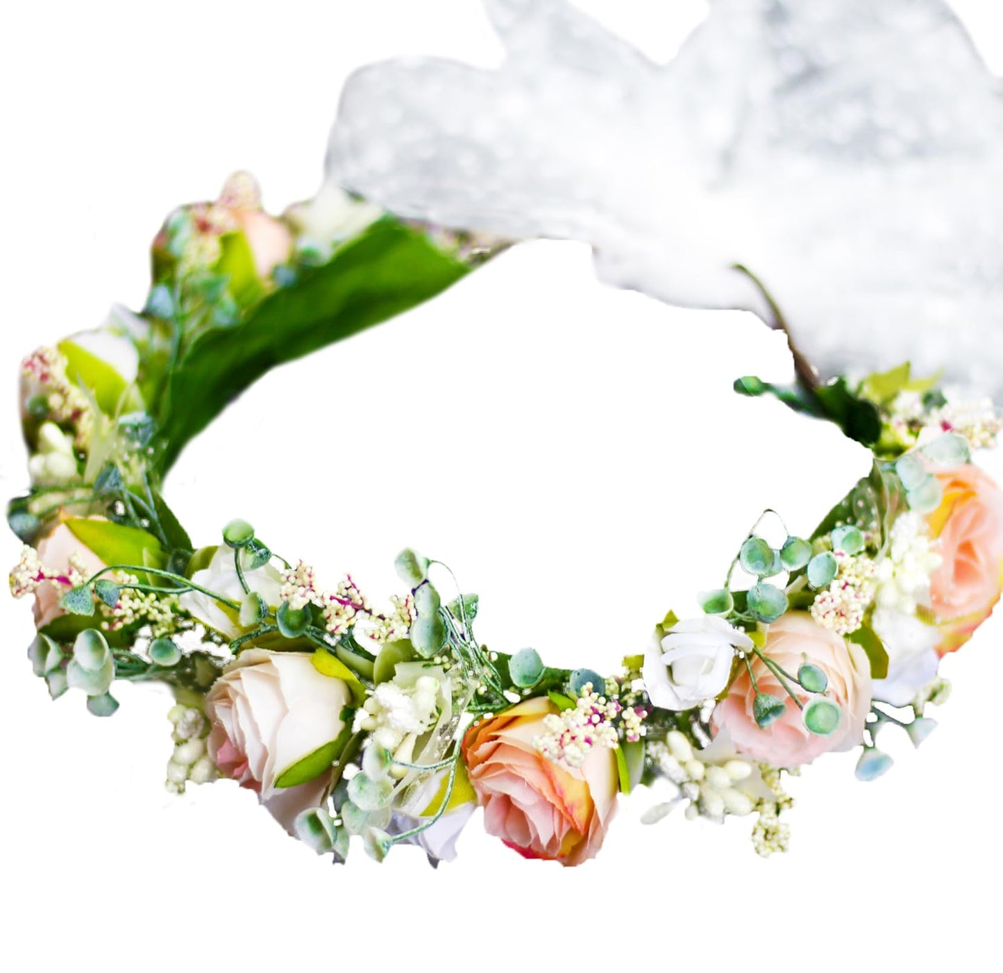 Vivivalue Rose Flower Crown Flower Garland Headband Hair Wreath Floral Headpiece Halo Boho with Ribbon Wedding Party Photos Pink