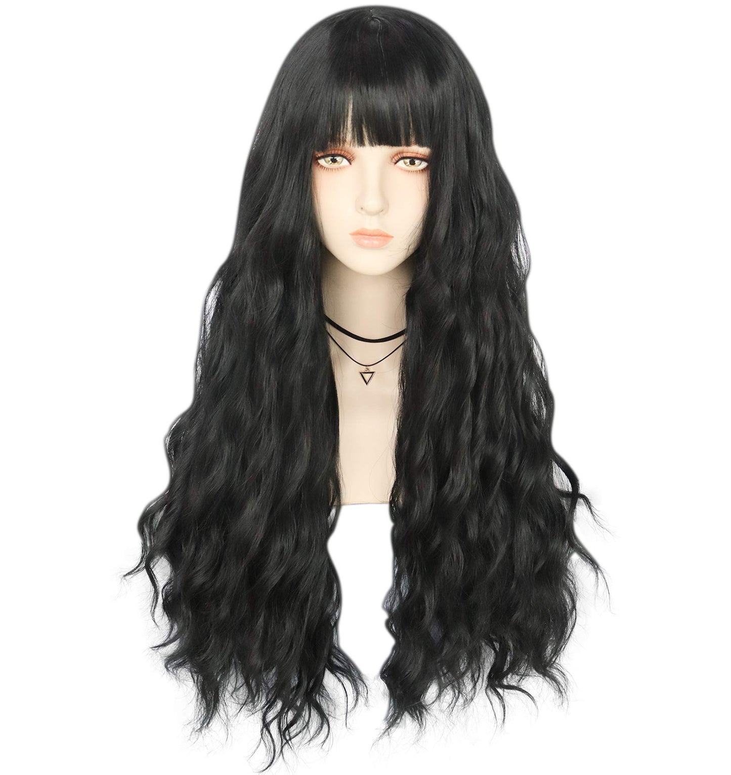 IMEYLE Wig Black Cosplay Wig Long Black Wig With Bangs for Women Wavy Wig Heat Resistant Synthetic Wig for Halloween Costume Party + Wig Cap