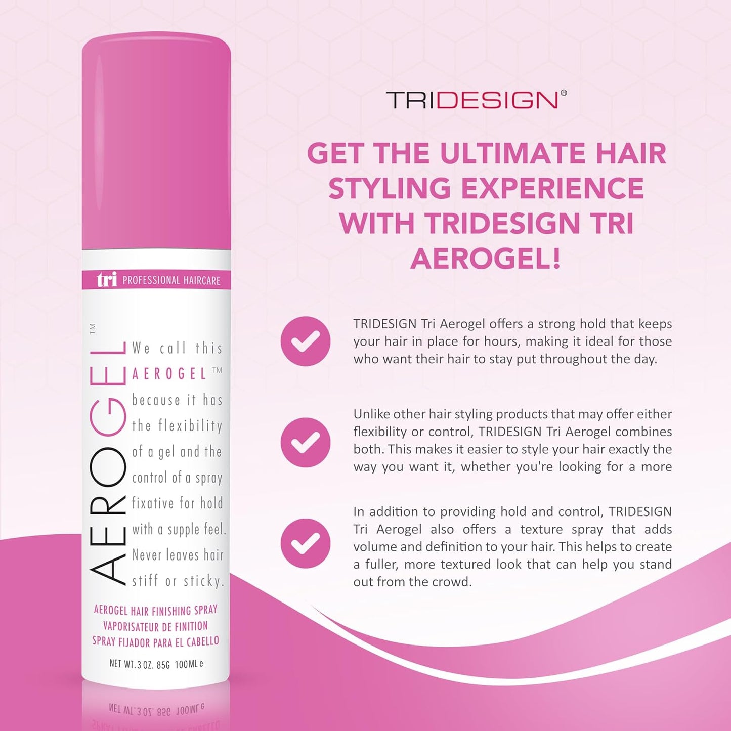 TRIDESIGN Aerogel Hairspray - Strong Hold Finishing Spray for Volumizing & Control | Travel Size Pack of 3 (3 Oz)