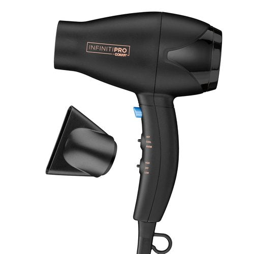 INFINITI PRO CONAIR Travel Hair Dryer - 1600W Compact Blow Dryer with Concentrator Attachment | Lightweight & Fast Drying, Black