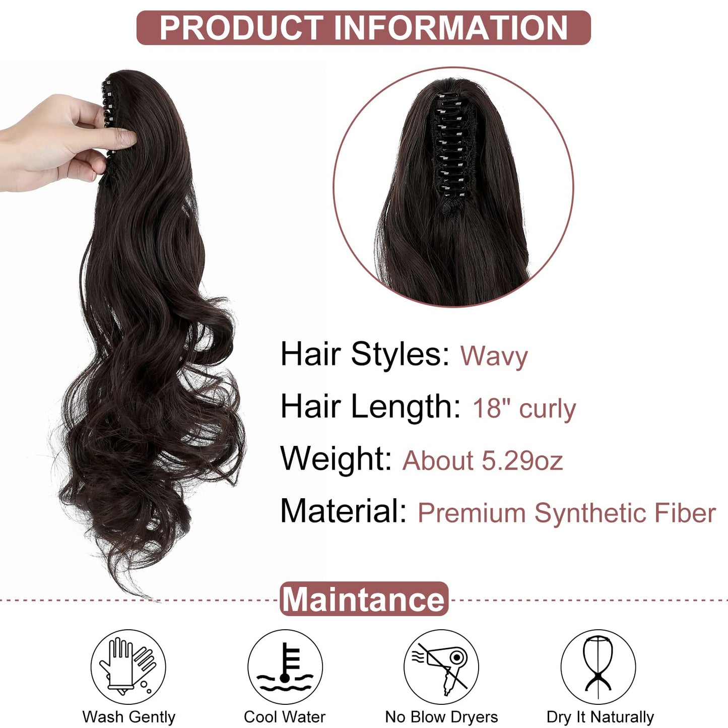 Leterly Ponytail Extension Clip in Claw 18" Curly Wavy Pony Tails Clip-on Long Hairpiece Jaw for Women Dark Brown