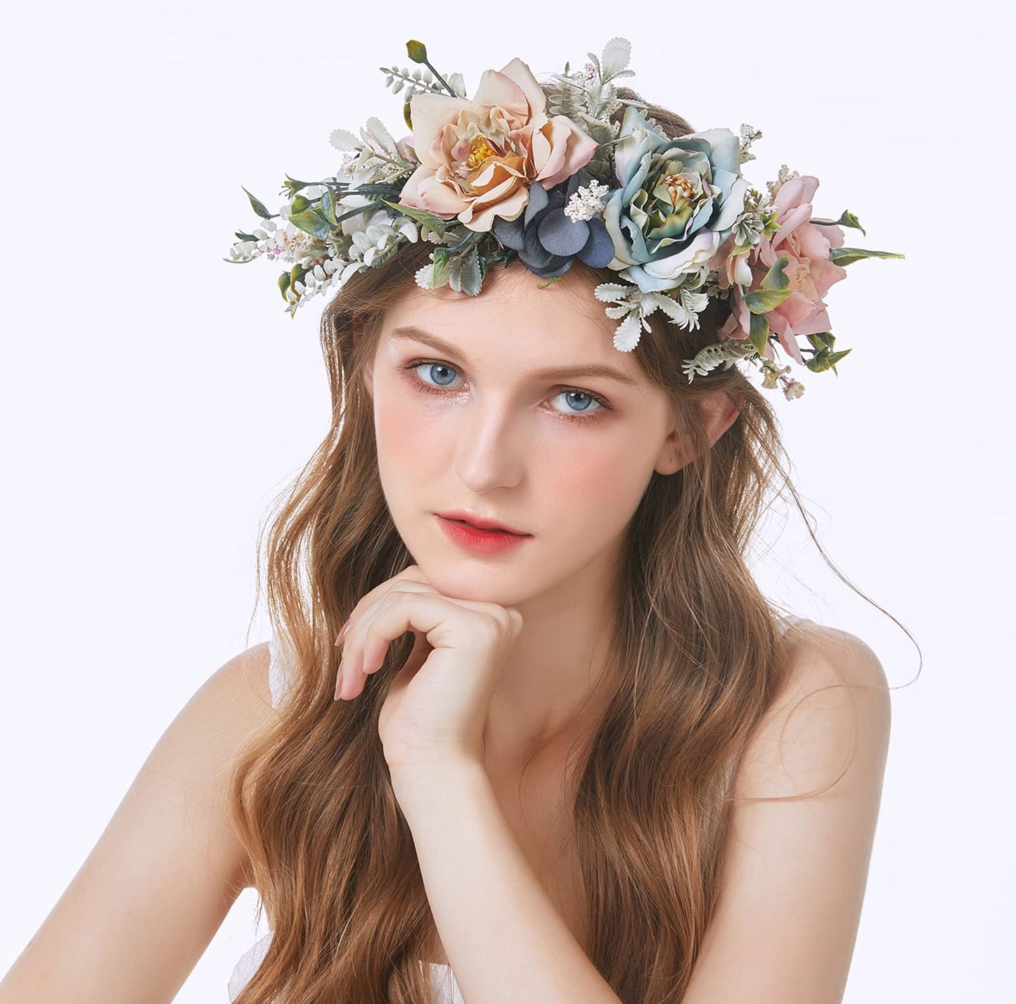 LLinfflr Women Floral Crown Wedding Floral Headband Hair Wreath Flower Headpiece Halo Boho Party Prom Photos