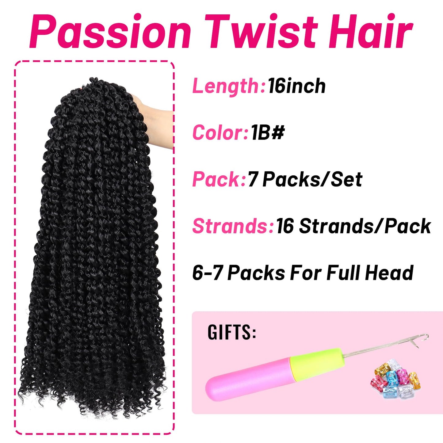 Dorsanee Passion Twist Hair 16 Inch 7 Packs Water Wave Crochet Hair Long Bohemian Curly Braiding Hair for Butterfly Locs, Faux Locs, Boho Style Spring Twist Crochet Braids (1B#)