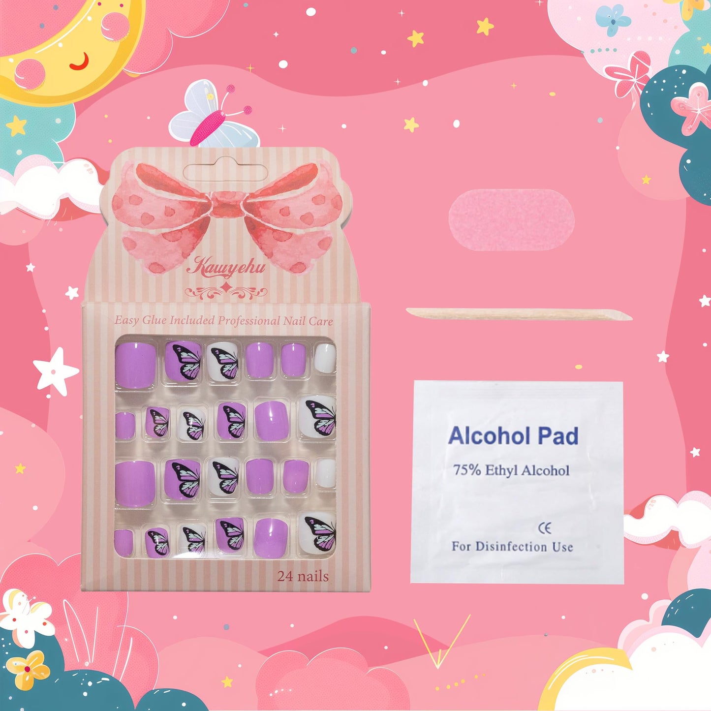 Kawyehu Kids Press on Nails Children Fake Nails Artificial Nail Tips Adhesive Full Cover Short False Fingernails for Girls Kids Nail Decoration (Purple Butterfly)