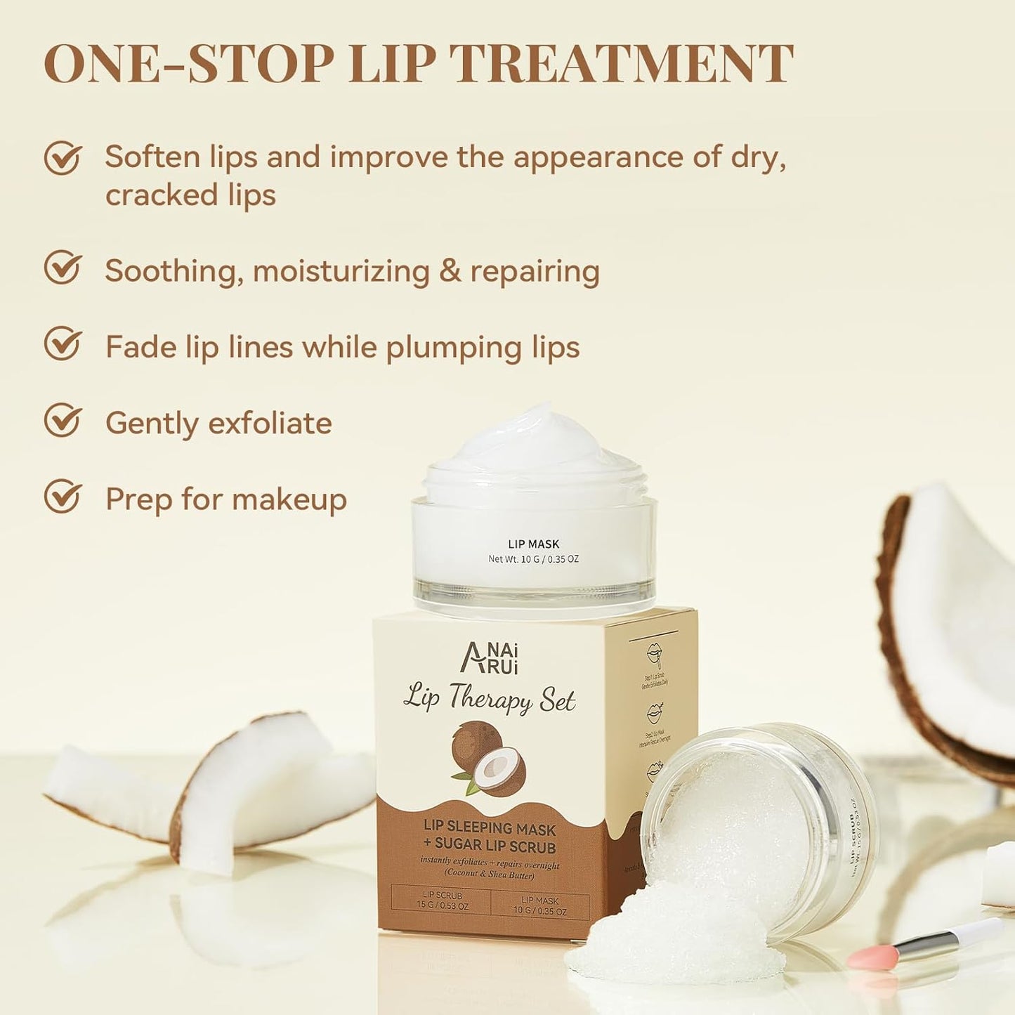 ANAI RUI Coconut Lip Scrub & Mask Set - Hydrating Exfoliator with Shea Butter & Vitamin E for Soft Lips