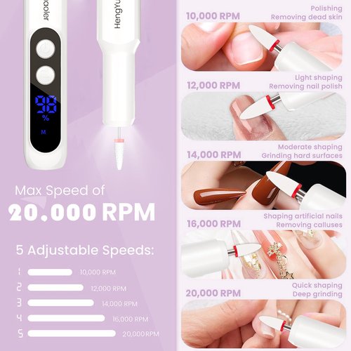 HengYuaoler Cordless Electric Nail Drill Professional 3 Speeds Nail Drill Kit for Acrylic Gel Dip, USB Portable Rechargeable 20000 RPM Efile Manicure Pedicure Polishing Shape Tools(Pink)
