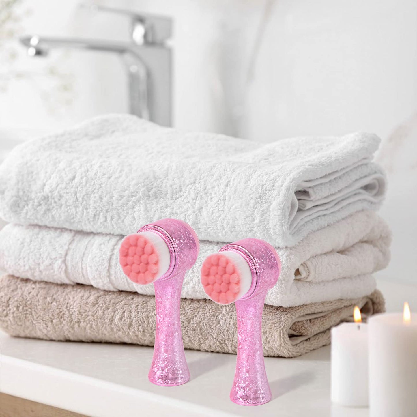 Beomeen Face Brush 2 in 1, Facial Cleansing Exfoliating Brush with Ultra Fine Soft Bristles for Pore Deep Cleansing Silicone Double Side Face Wash Scrub Brush for Skin Care, Ice Flower Pink