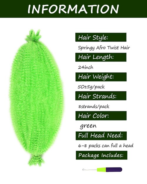 ADIASAI 3 Packs Green Springy Afro Twist Hair with Crochet Hook, 24 Inch Pre-Separated Marley Crochet Braiding Hair for Distressed Soft Locs, Synthetic Hair Extension for Black Women
