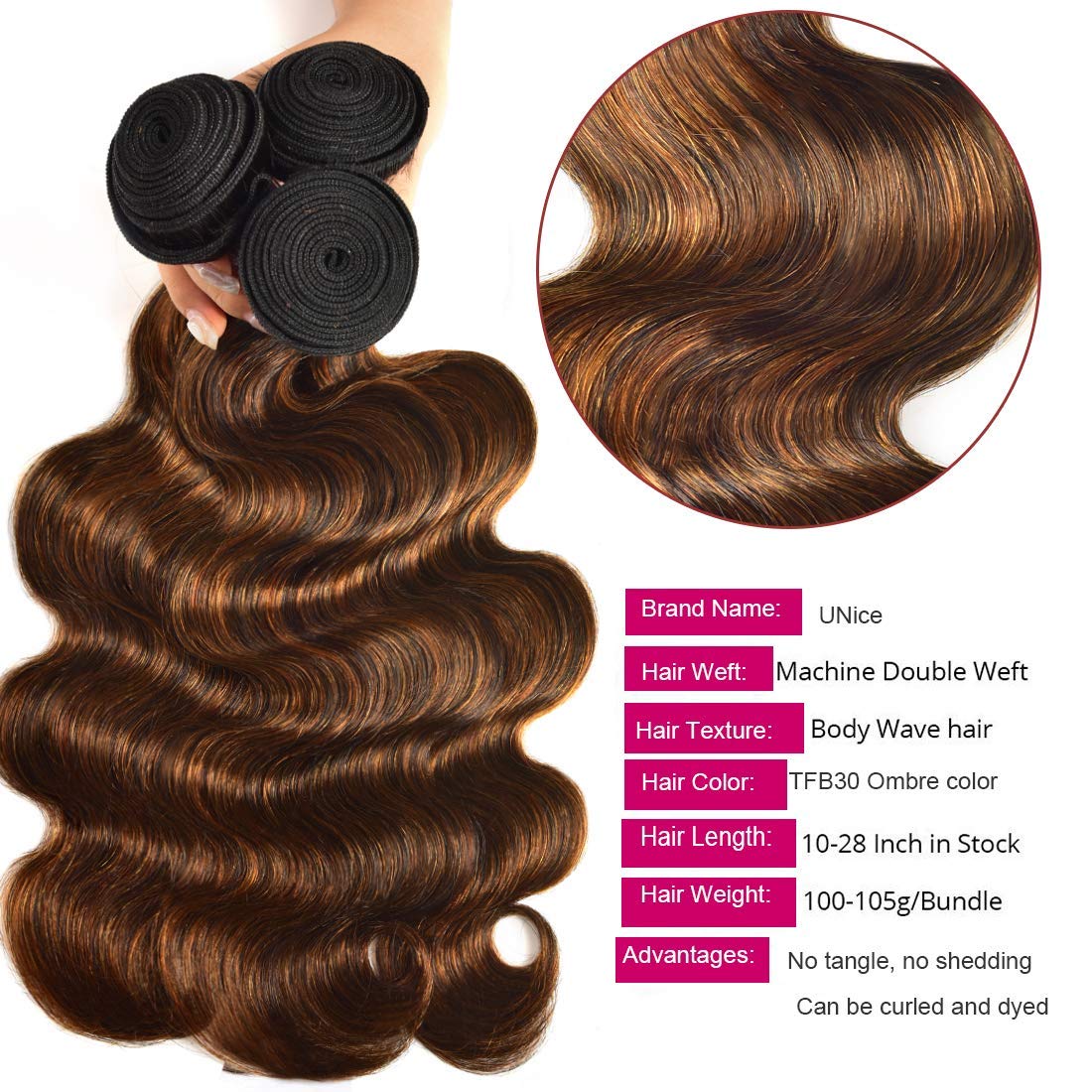 UNICE Brown Highlight Body Wave Human Hair 3 Bundles with 4x4 lace closure, Brazilian Remy Hair Ombre Human Hair Wavy Weaves FB30 Color 14 14 14+14 Closure