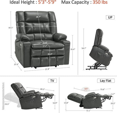 MCombo Dual Motor Power Lift Recliner Chair - Lay Flat Design with Heat & Massage | Extra Wide Faux Leather (Grey, Medium-Wide)