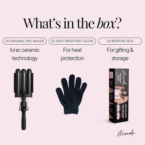 Mermade PRO Hair Waver - 1.25" 3 Barrel Curling Iron for All Hair Types | Ceramic Barrel, Black with Glove