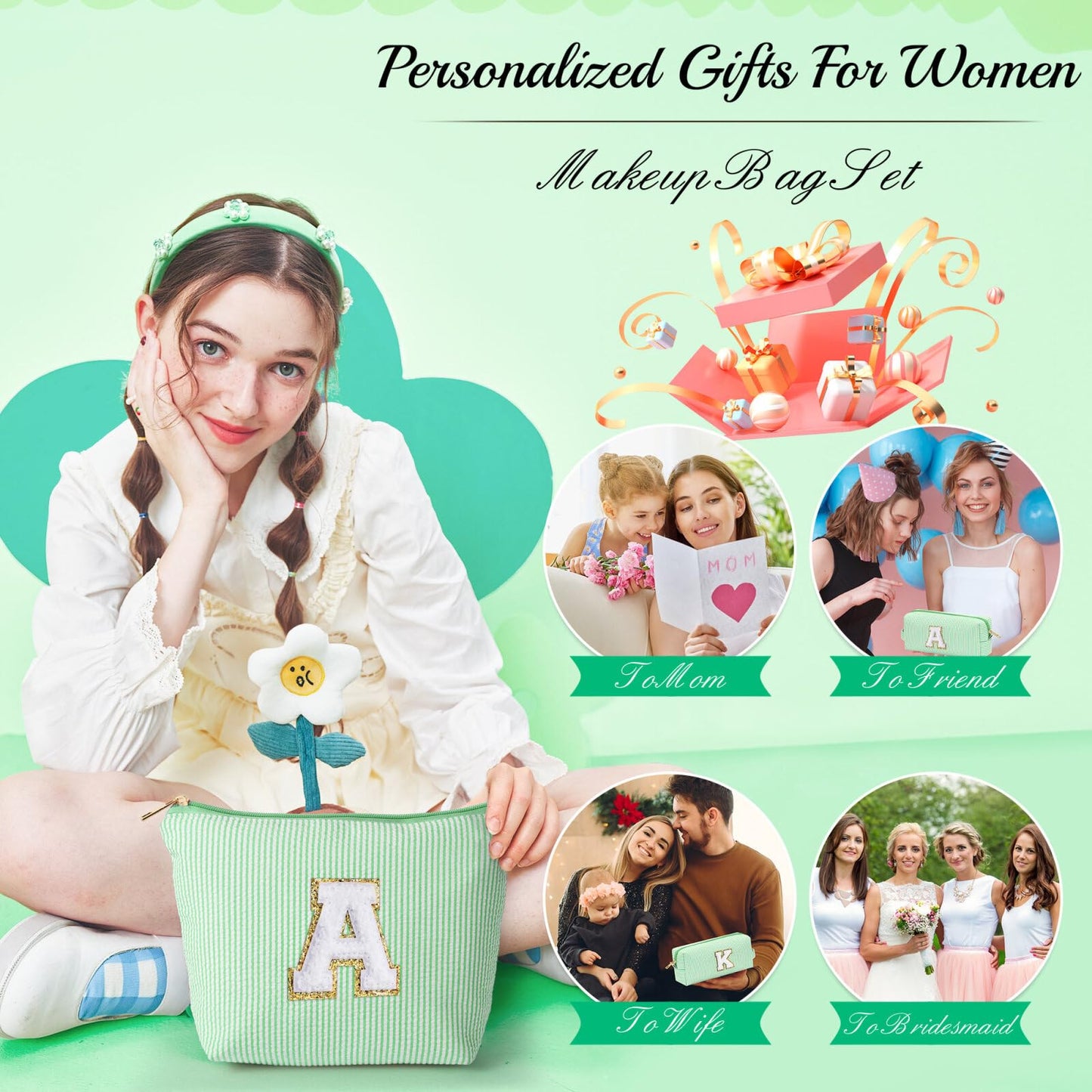 YOOLIFE Cute Makeup Bag for Women Girls - Personalized Teenager Girl Gift Ideas | Initial Make Up Bag | Gifts for Women Friends | Skin Care Bag | Mothers Day Gifts | Tween Girls Trendy Stuff L