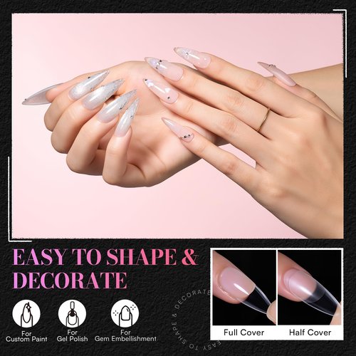 Makartt Medium Stiletto Almond Nail Tips: 504 PCS Pre-Etched Clear False Nails Tips Almond Shapes, 15 Sizes Full Cover Half Matte Soft Acrylic Press On Nail Extensions Supplies Salon and DIY at Home