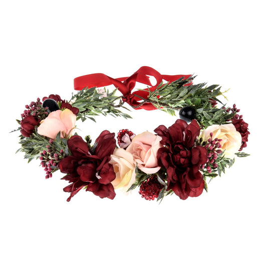 Love Sweety Nature Flower Crown Fruit Headband Boho Garland Wedding Photo Prop (Burgundy Flower)