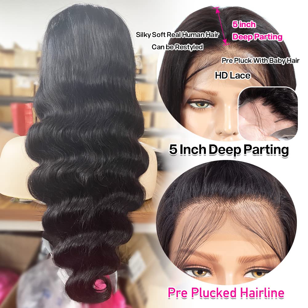 28 inch 13x5 HD Full Lace Front Wigs Human Hair Pre Plucked With Baby Hair 180 Density Body Wave Wigs For Women Natural Frontal Wig