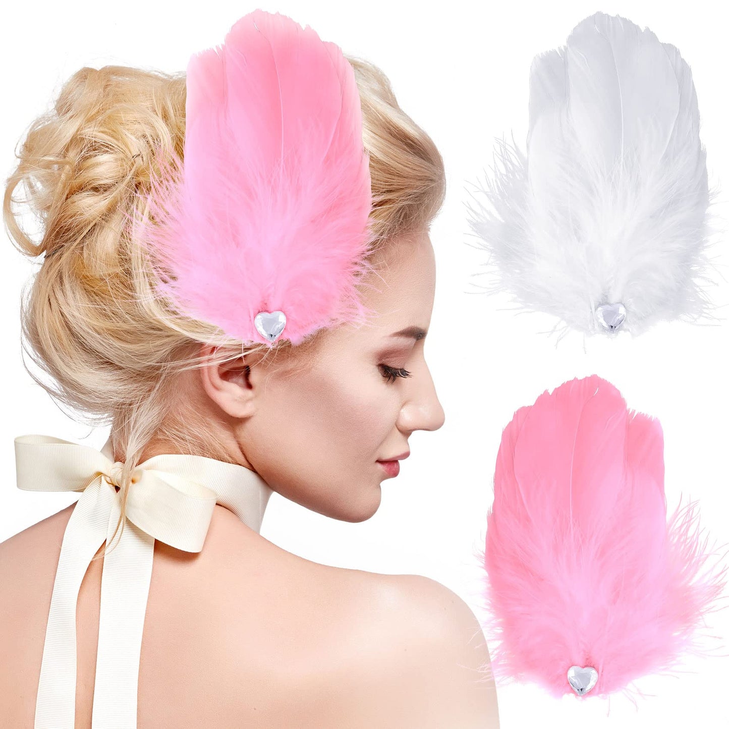 ANCIRS 4 Pack Feather Hair Clips for Women, Fly-Wing Shape Hair Barrettes Accessory Hairpins 1920s Flapper Headpiece Hair Piece for Swan Lake Cosplay Show Party Halloween Costume- 2 White & 2 Pink