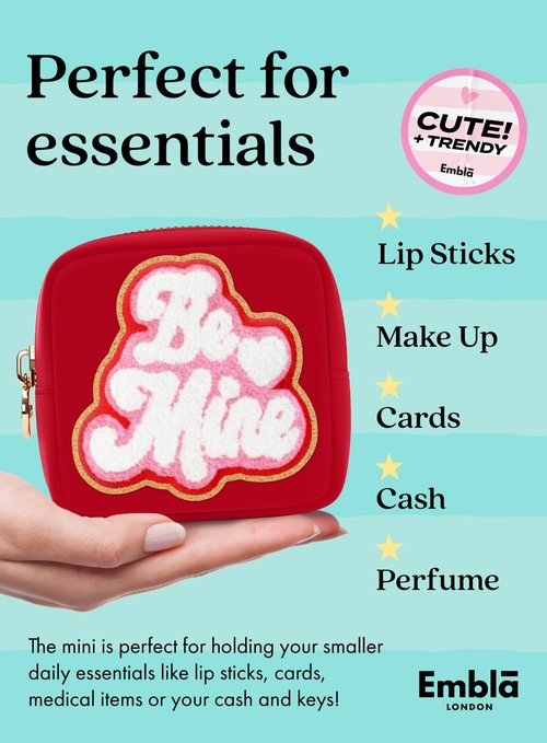 BE MINE Valentine Makeup Bag Travel Cosmetics Pouch and Toiletry Bag, Nylon Zipper Pouch Purse, Cute Make Up Organizer Storage Tote for Women Girls, Travel Skincare Case, Small Makeup Bags, Ruby Red