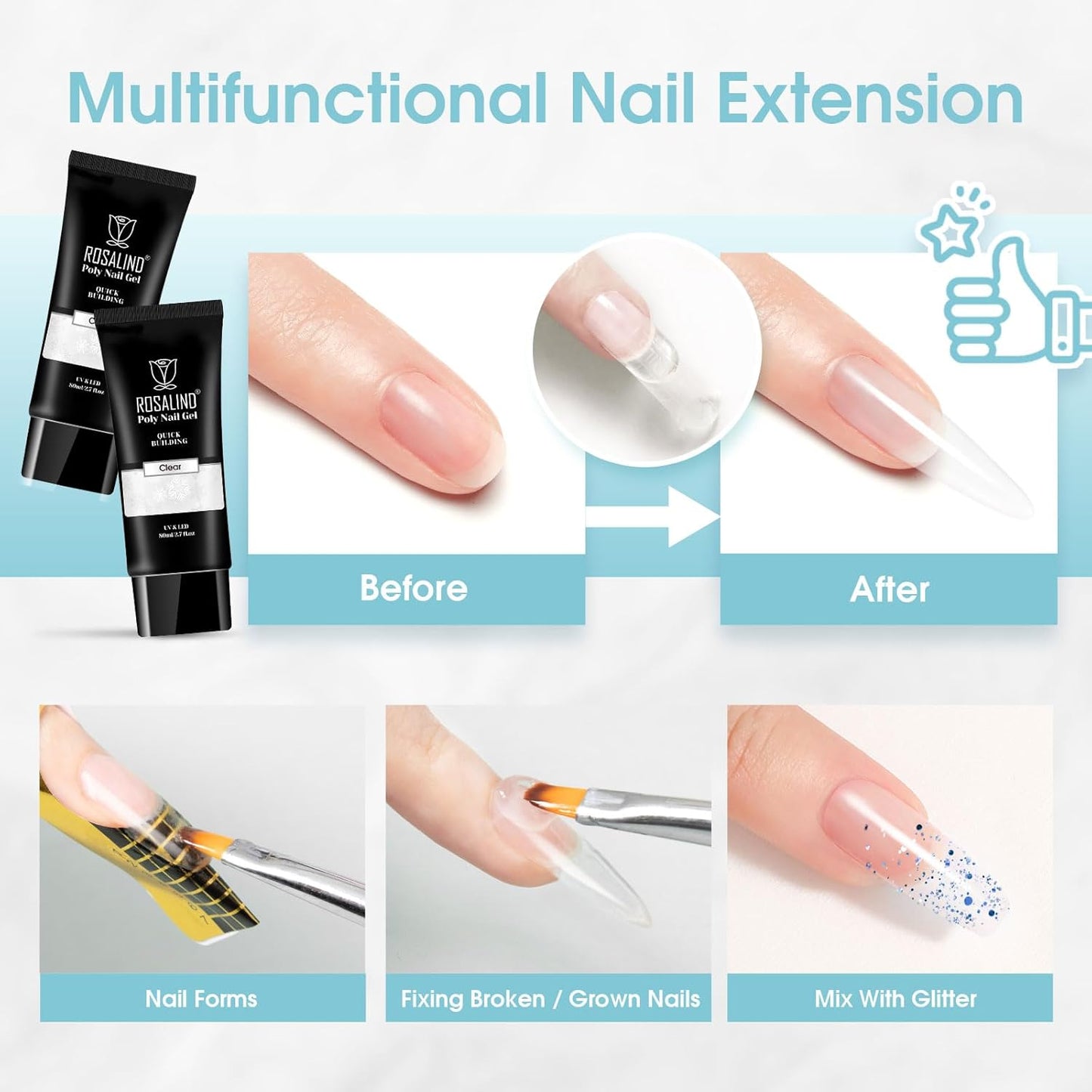Nude Poly Extension Gel, ROSALIND 2.7 oz Light Nude Poly Nail Gel Builder for Nail Art Decoration, Thickening Extension Easy to DIY Use at Home Need UV Lamp