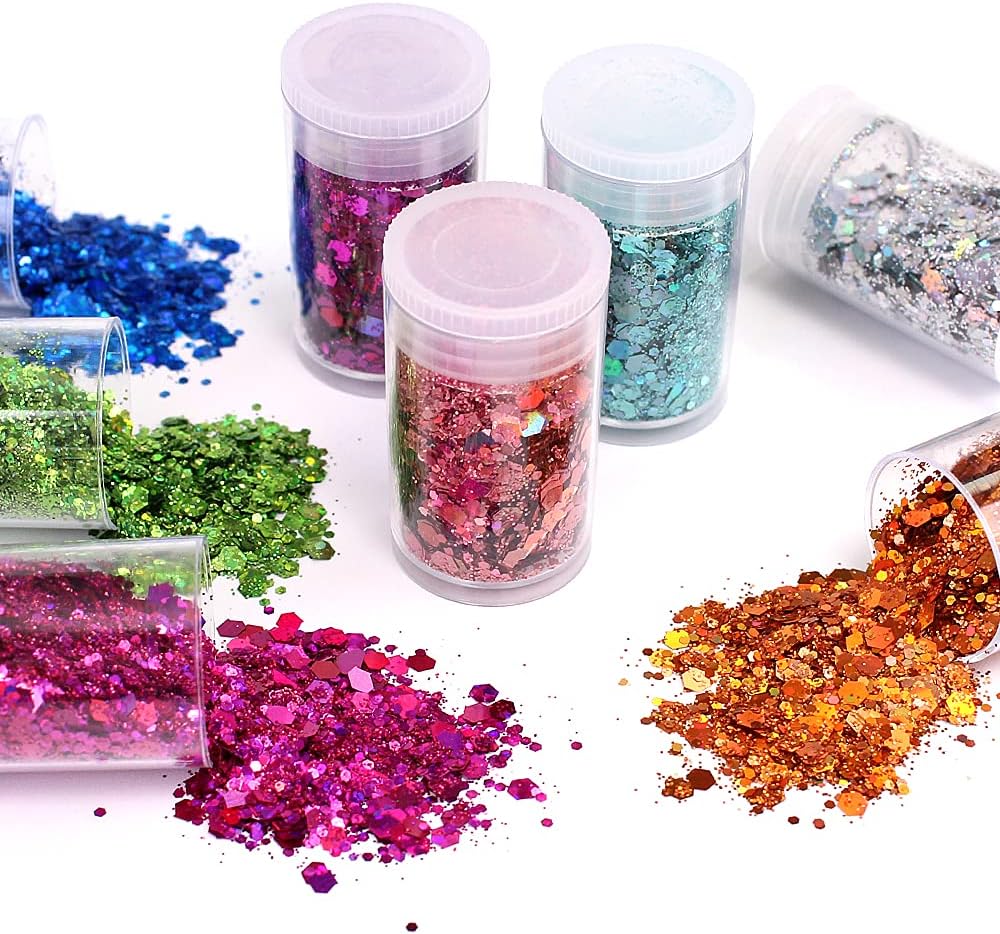 Holographic Chunky Glitter Sequins, 12 Colors Mixed Cosmetic Glitter for Face Body Eye Hair Nail Art Lip Gloss Makeup, Festival Glitter with Different Hexagons Size and Stars (Laser Mix)