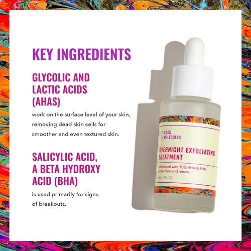 Good Molecules Overnight Exfoliating Treatment Pack 2 – 1 fl oz / 30 ml Each | Lightweight Face Exfoliator with AHA & BHA, Glycolic & Salicylic Acid