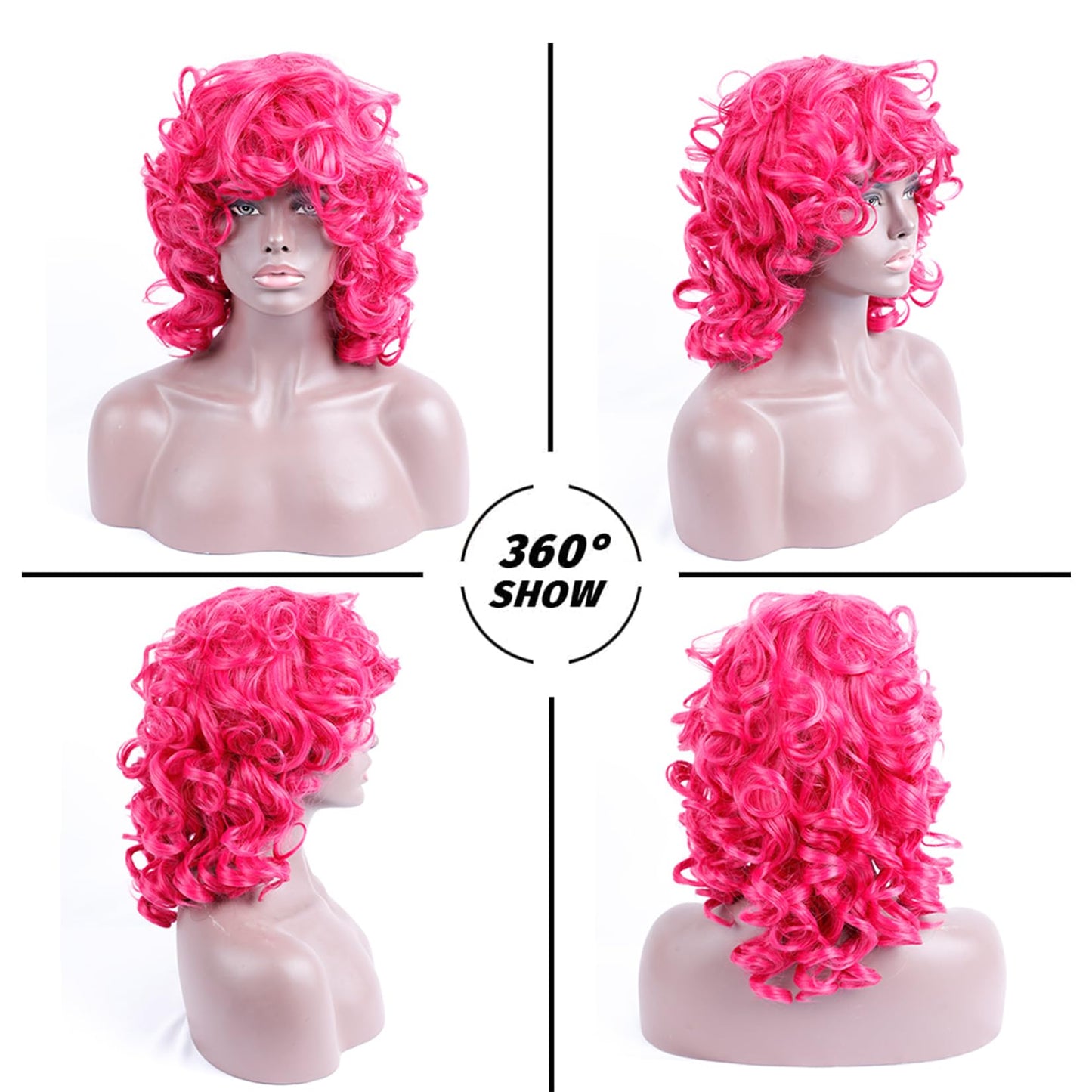 Kavsni Hot Pink Curly Wig for Black Women Soft Short Curly Wig with Bangs for American Women Wigs（Large Earrings+Makeup Sponge+Wig Cap） (Hot Pink)