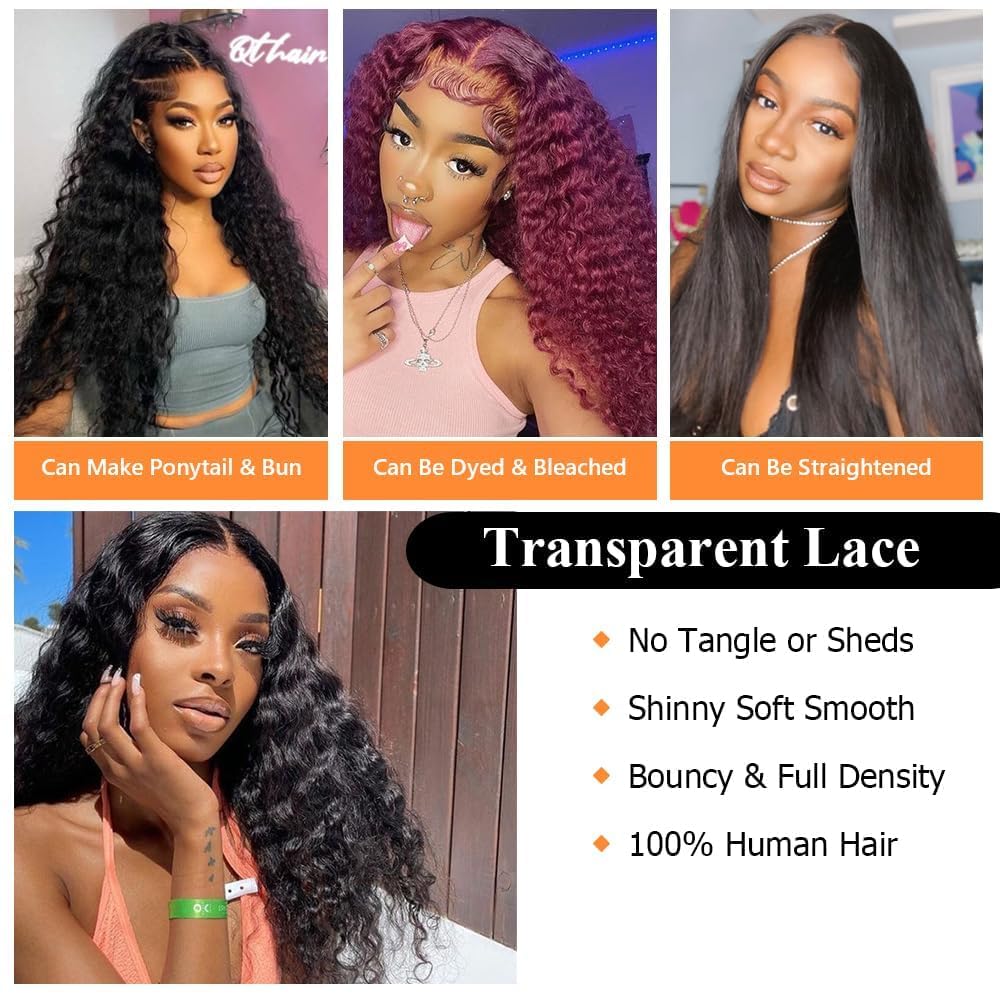 QTHAIR 14A Brazilian Virgin Hair Deep Wave Human Hair Transparent HD Lace Frontal Closure(10" 13x4 Frontal,Natural Black) 100% Ear to Ear Swiss Lace Deep Wave Frontal Brazilian Deep Wave Hair