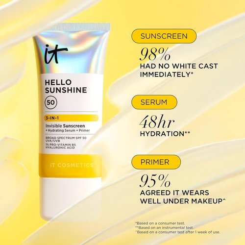 IT Cosmetics Hello Sunshine Invisible Sunscreen SPF 50 - Hydrating Serum & Makeup Primer with Pro-Vitamin B5 & Hyaluronic Acid - No White Cast, 1.7 oz