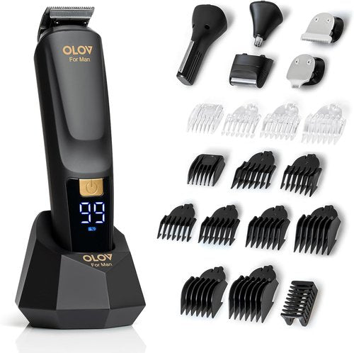 OLOV Beard Trimmer - 21-Piece All-in-One Men's Grooming Kit with USB Recharge Dock | Hair, Nose & Ear Clipper