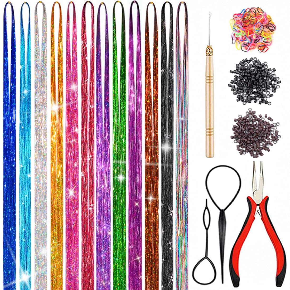 Hair Tinsel Kit (48 Inch,12 Colors, 3000 strands), Fairy Tinsel Hair Extensions with Tools - Glitter Hair Tinsel Heat Resistant Accessories for Girls Women Kids Christmas New Year Halloween Cosplay