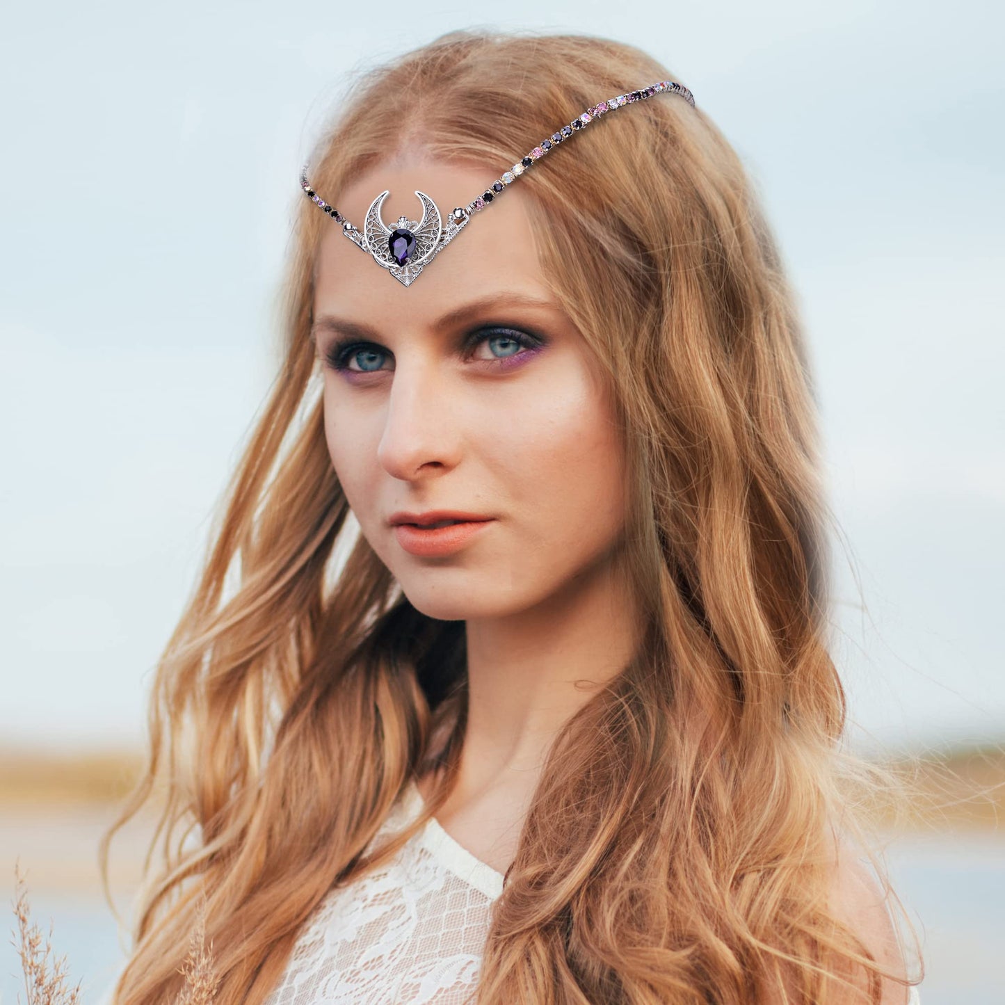 MOSTORY Handmade Silver Moon Fairy Crown Rhinestone Elf Headpiece Elven Tiara for Princess Goddess Cosplay Wedding Bridal Shower Renaissance Faire Hallloween Photo Shoot