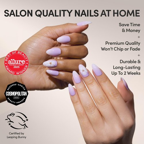 Glamnetic Press On Nails - Lilac Reef | Short Almond Purple Fake Nails with Flower Accents, Salon Quality Summer Nails | 15 Sizes - 30 Nail Kit with Glue