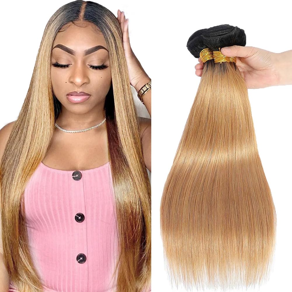 Color #27 Bundle Ombre Straight Human Hair Bundles Two Tone Black and Honey Blonde Bundles Human Hair 12 14 16 Inch Ombre Blonde Straight Bundle