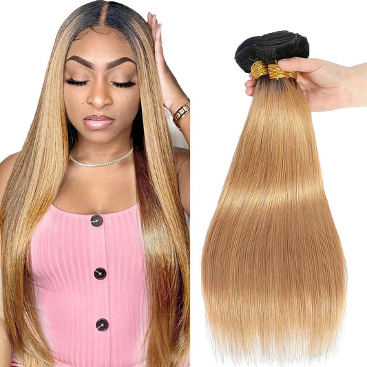 Color #27 Bundle Ombre Straight Human Hair Bundles Two Tone Black and Honey Blonde Bundles Human Hair 12 14 16 Inch Ombre Blonde Straight Bundle