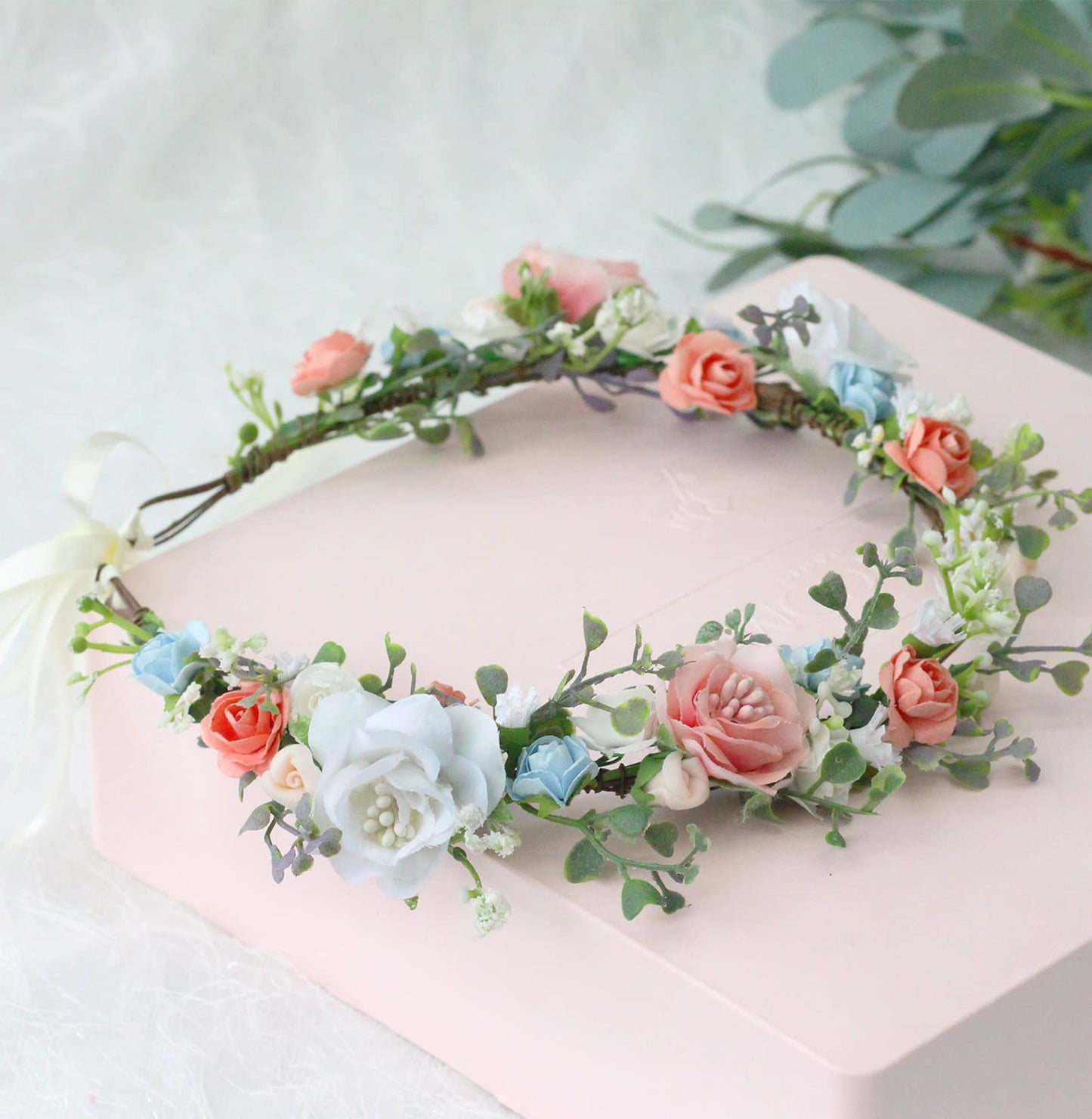 LLinfflr Bride Flower Headband Women Flower Crown Hair Wreath Floral Headpiece Halo Boho Party Prom Wedding Photos